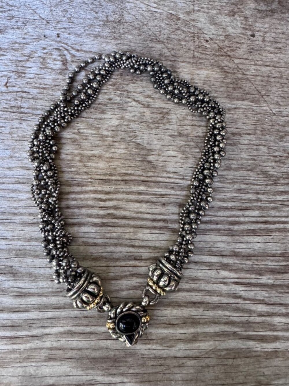 Piscitelli Multi Strand Beaded Necklace 18” Black Cabochon Pendant Silver Tone